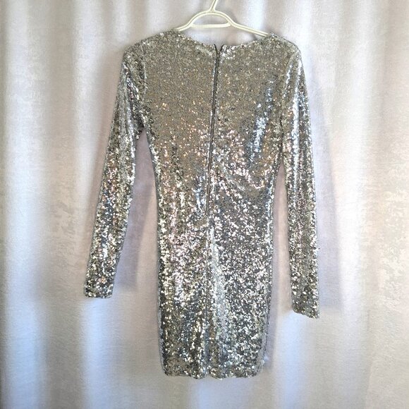 16. Midnight Sparkle: Silver Sequin Party Long Sleeve Dress by Revamped, Size M - Picture 2 of 4